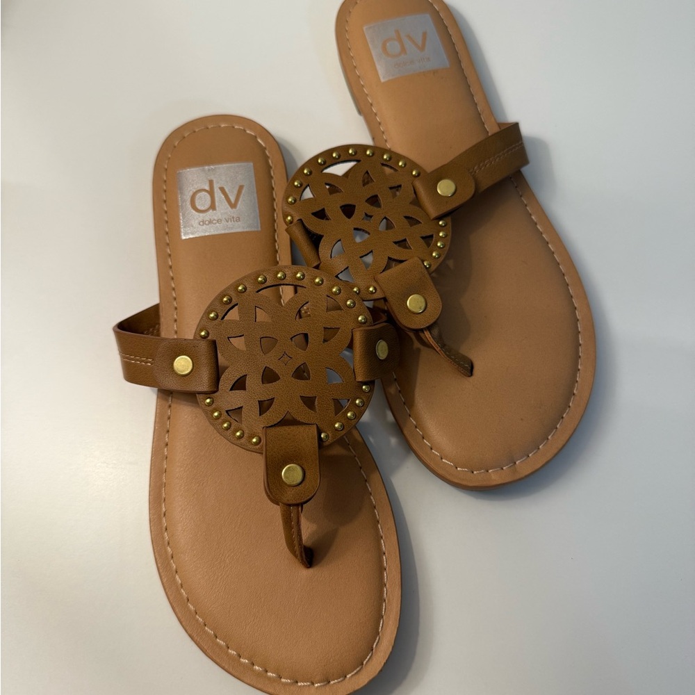 DV by Dolce Vita Brown Leather Cutout Medallion Thong Sandals